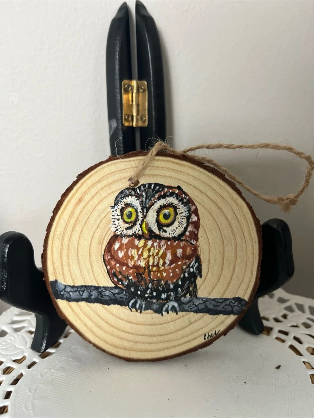 Hand-Painted Owl Wood Slice Ornament in Brown and Yellow